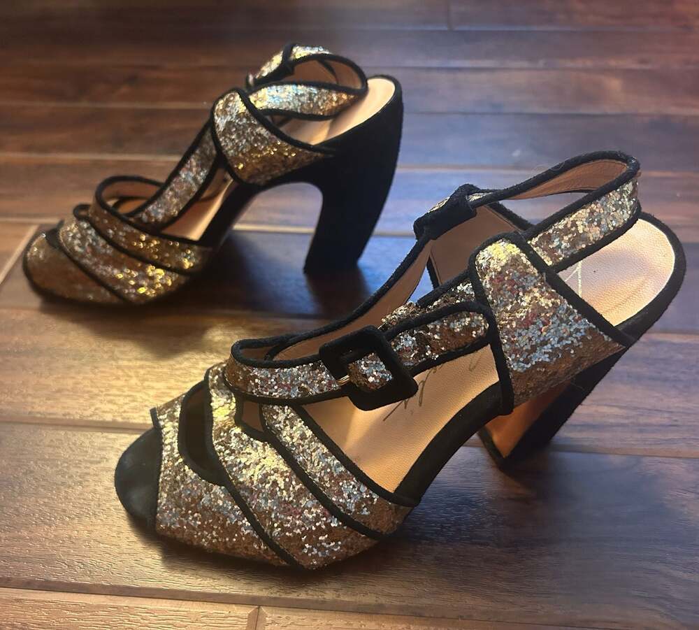 Luisa Barcelo (Anthropologie) Gold Glitter Peep Toe Buckle Heels, size 8